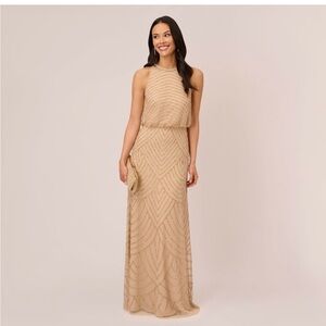 Adrianna Papell Art Deco Beaded Blouson Dress with Halter Neckline